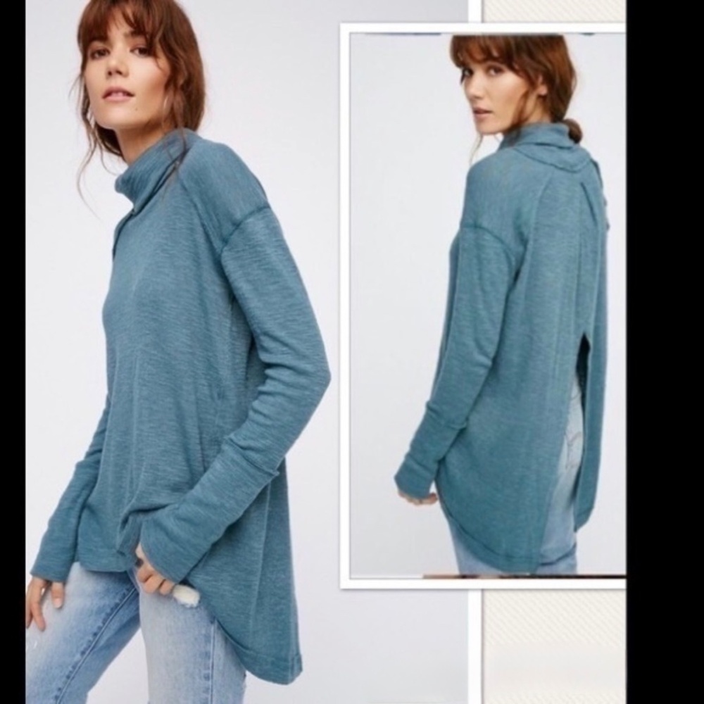 Free People Tara Turtleneck Split Back Asymmetrical Long Sleeve Blouse Top XS